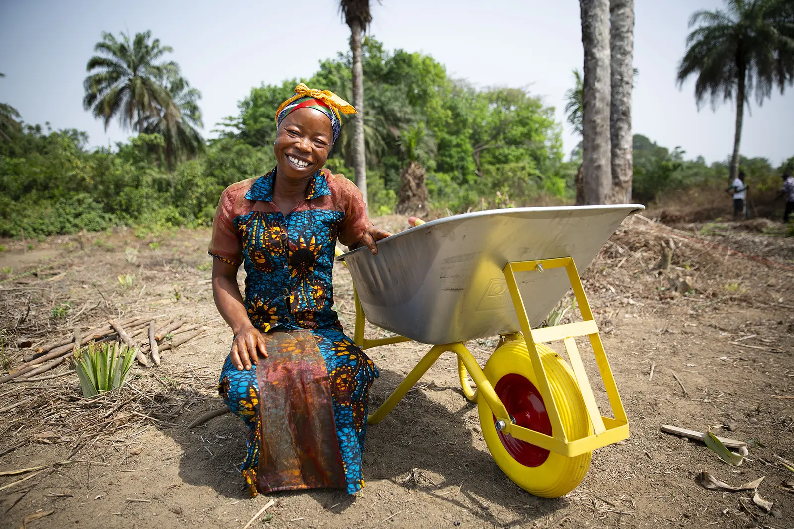 A Liberian woman with a wheelbarrow at an agroforestry project