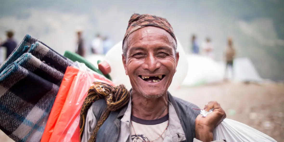 Rhambutel (70) at a distribution by Concern Worldwide of emergency shelter and relief supplies at the village of Bhirkot in Dolakha district