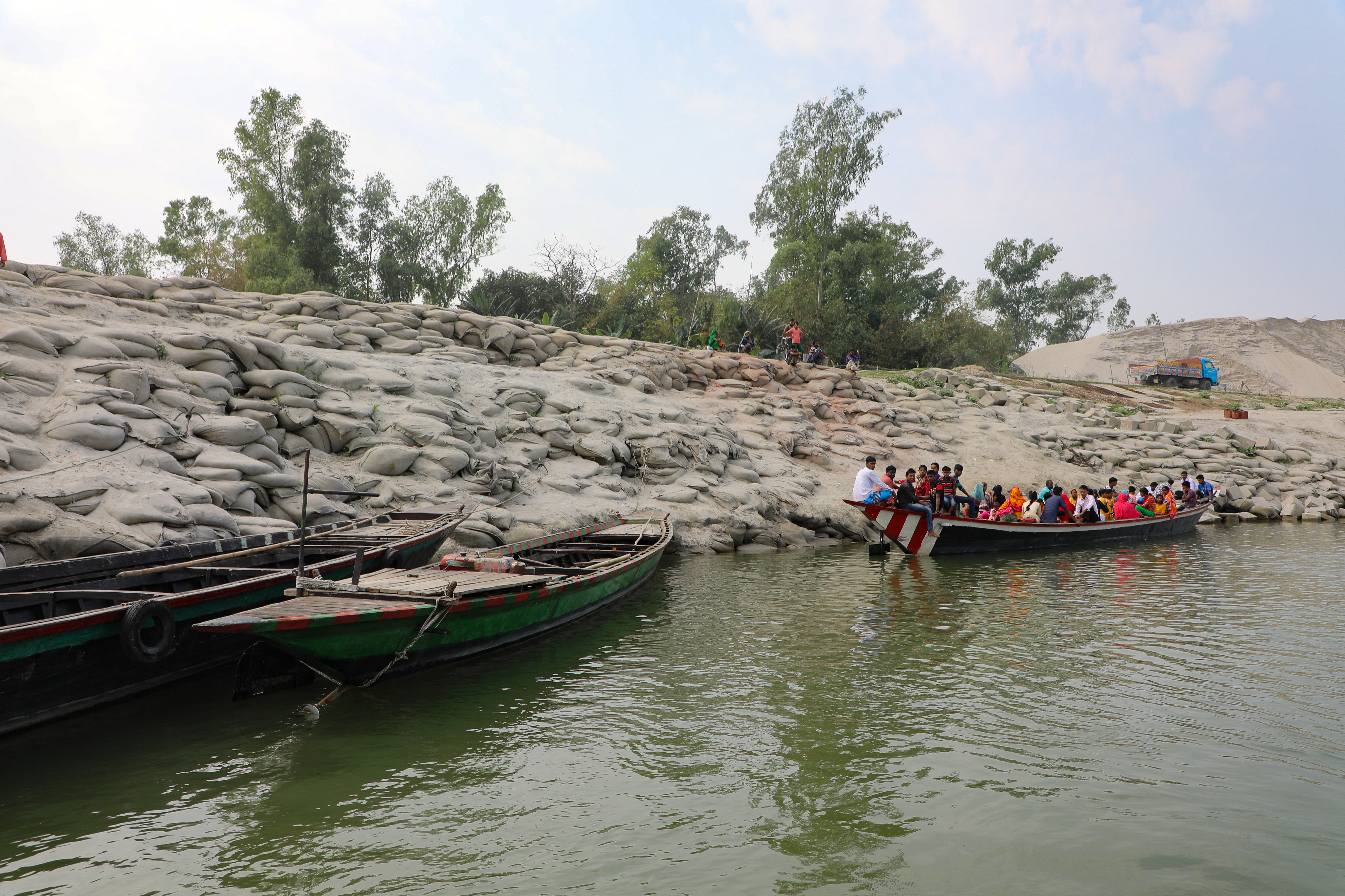 Sand bags line the embankments of one of the Char islands in Bangladesh, following a period of severe floods