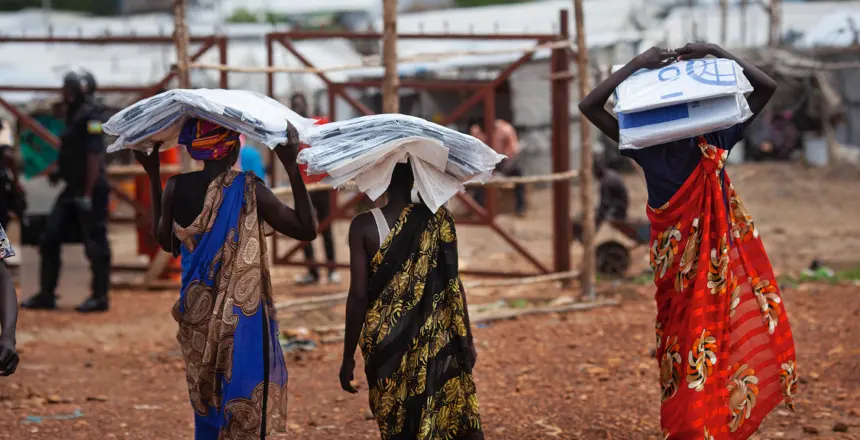 Shelter distribution at a protection of civilians (POC) site in Juba, South Sudan