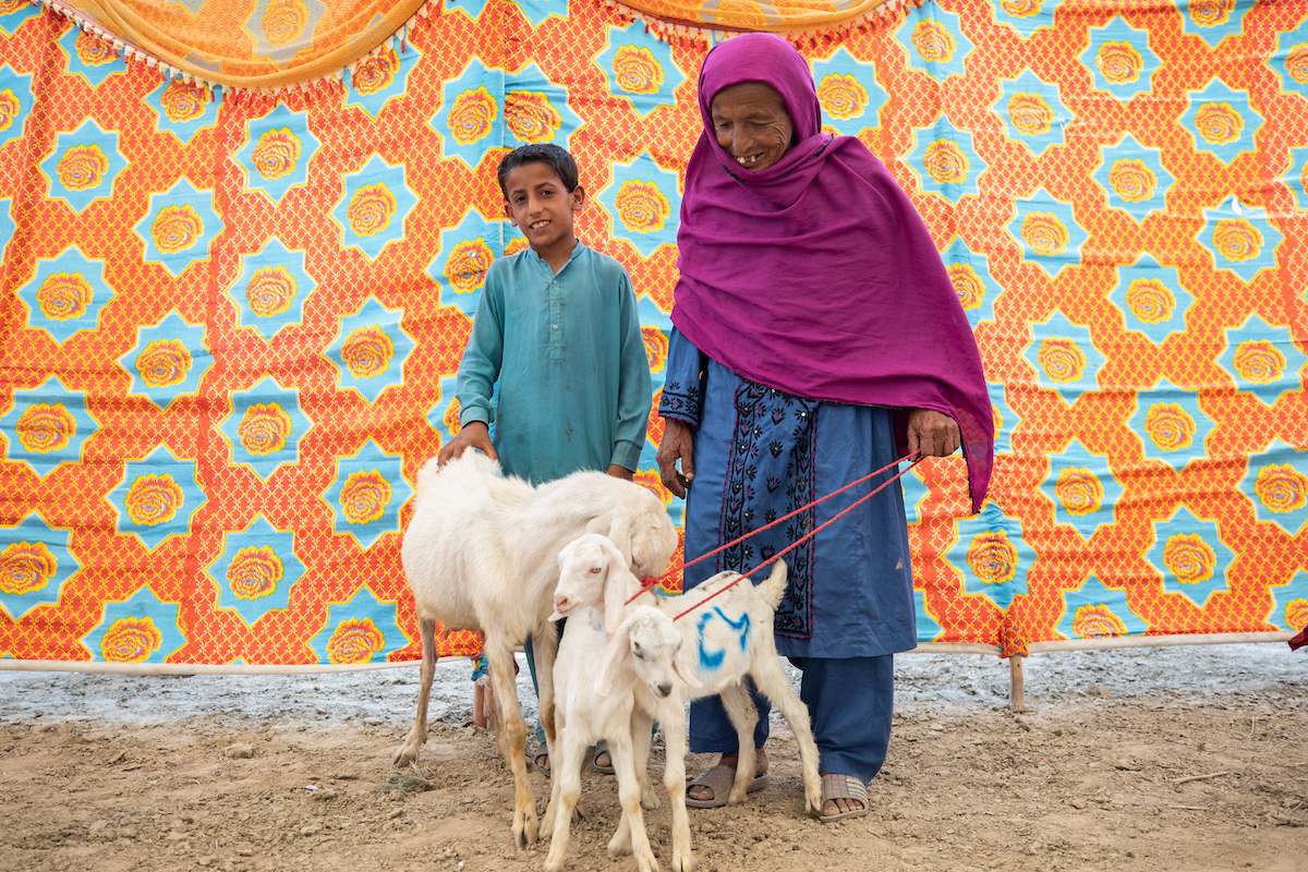 Khairi (80) resident of Nawabshah, Sindh with her grandson at a goat market facilitated by Concern Worldwide. This intervention aims to help vulnerable women from flood affected areas develop a sustainable economical future via obtaining an asset (goat) that belongs solely to them. (Photo: Khaula Jamil/DEC)