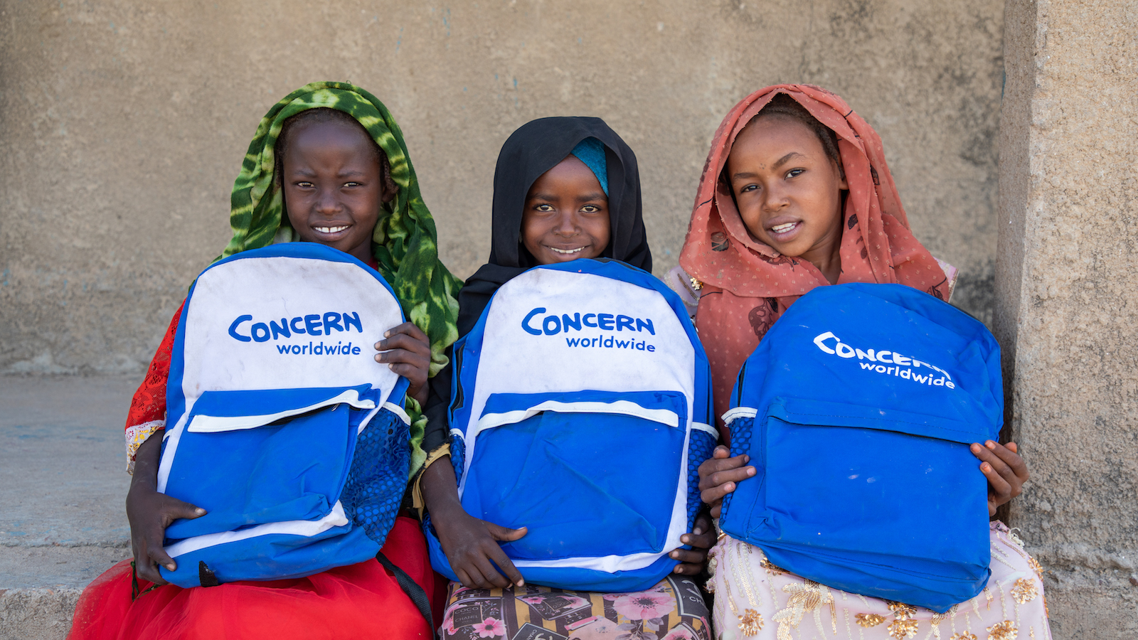 Pupils Amira Ali (8), Sadia Haroum (6) and Amne Mahamat (9) at Tcharaw Primary School, Chad. (Photo: Eugene Ikua/Concern Worldwide)