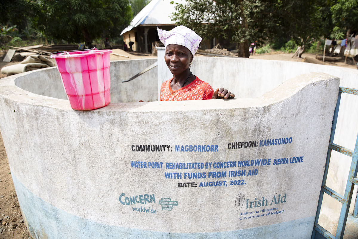 Aminata Bungura at a water point in the village of Magborkorr, Sierra leone, which was rehabilitated by Concern with funding from Irish Aid. (Photo: Kieran McConville/Concern Worldwide)