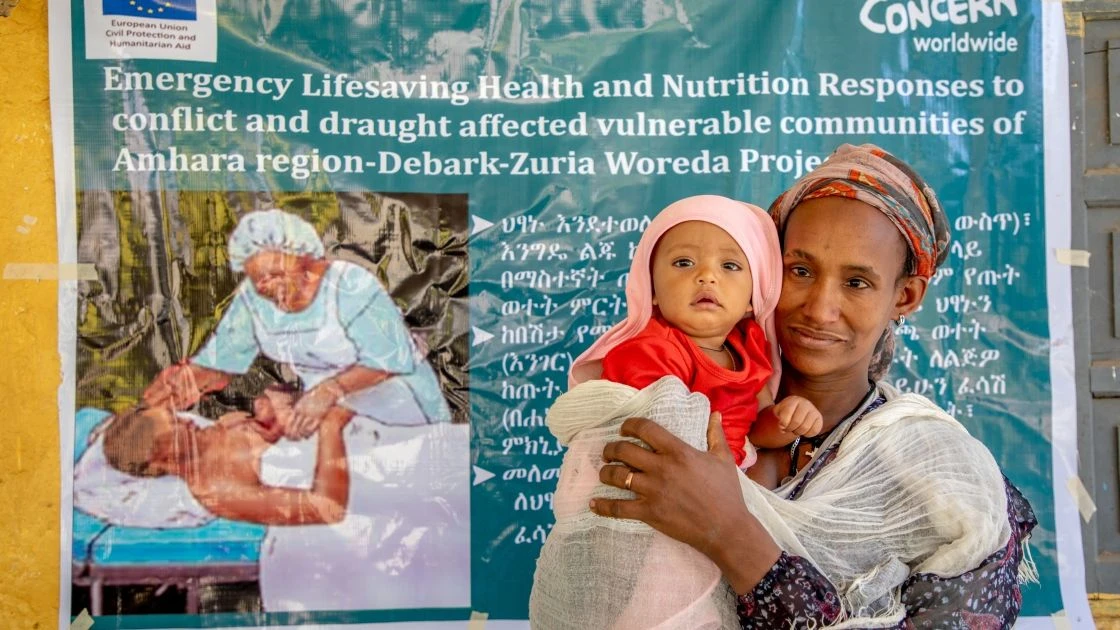 Meseret with her 8 month old daughter Birtukan Teklu at Dib Bahr Health Center in Amhara, Ethiopia. (Photo: Eugene Ikua/Concern Worldwide)