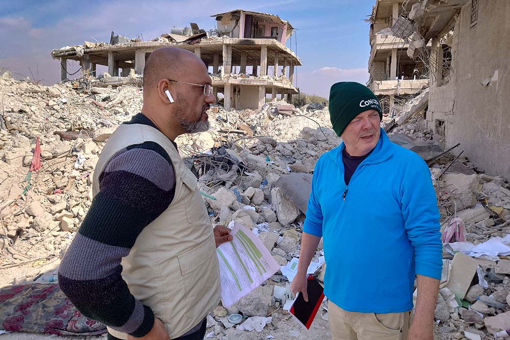 Concern's Emergency Operations Director consulting with local partners in northwest Syria, an area badly affected by the earthquake. (Photo: Concern Worldwide)