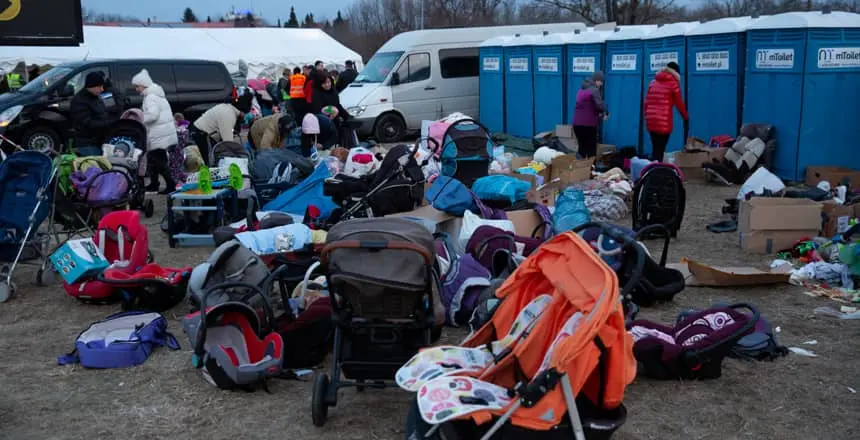 Donated goods at a reception center in Przemysl, Poland.