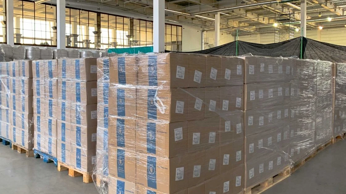 Food rations are stored in a convention center in Zaporizhzhia, Ukraine. (Photo: Olivia Giovetti / Concern Worldwide)