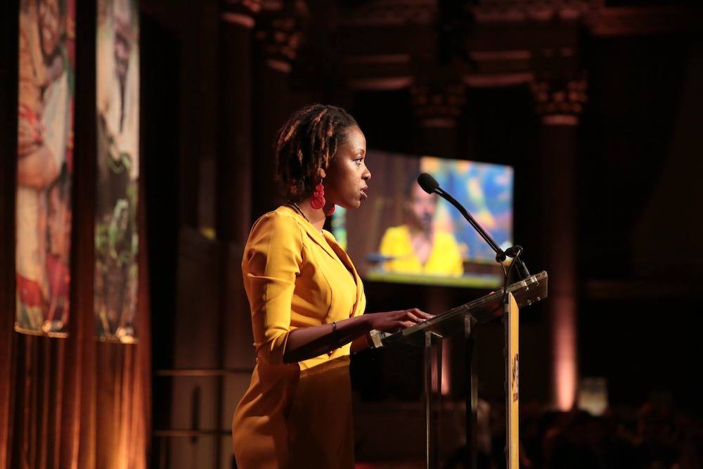 Aline Joyce Berabose tells her story at Concern's 2018 Seeds of Hope gala.