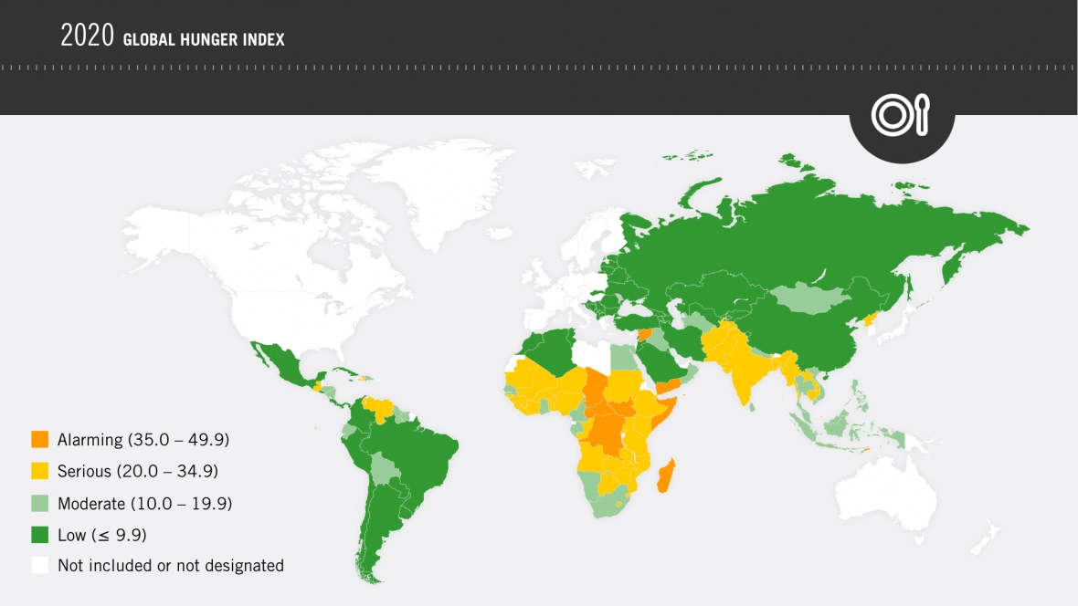 A map showing levels of hunger around the world.